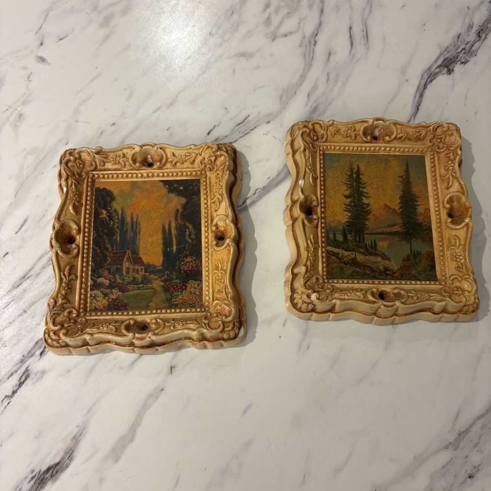 Vintage Chalkware framed lithograph prints -